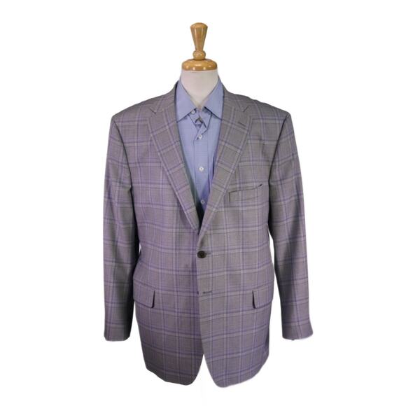 Tom James Custom Tailored Recent Lt Gray Purple Plaid Windowpane Sportcoat 46R - Picture 1 of 10